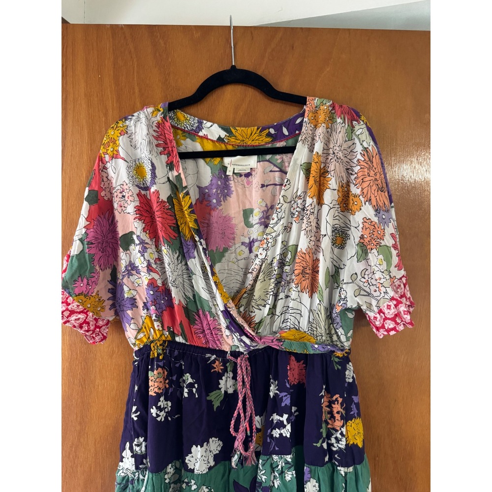 Anthropologie Floral Patchwork Tiered Mini Dress Small Multi Color Modal Boho - Picture 3 of 8